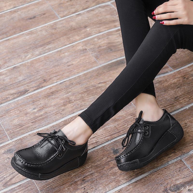 Genuine Leather Women Walking Shoes 5cm High Wedges Heels Shoes Lace-up Platform Shoes Loafers Mother Shoes