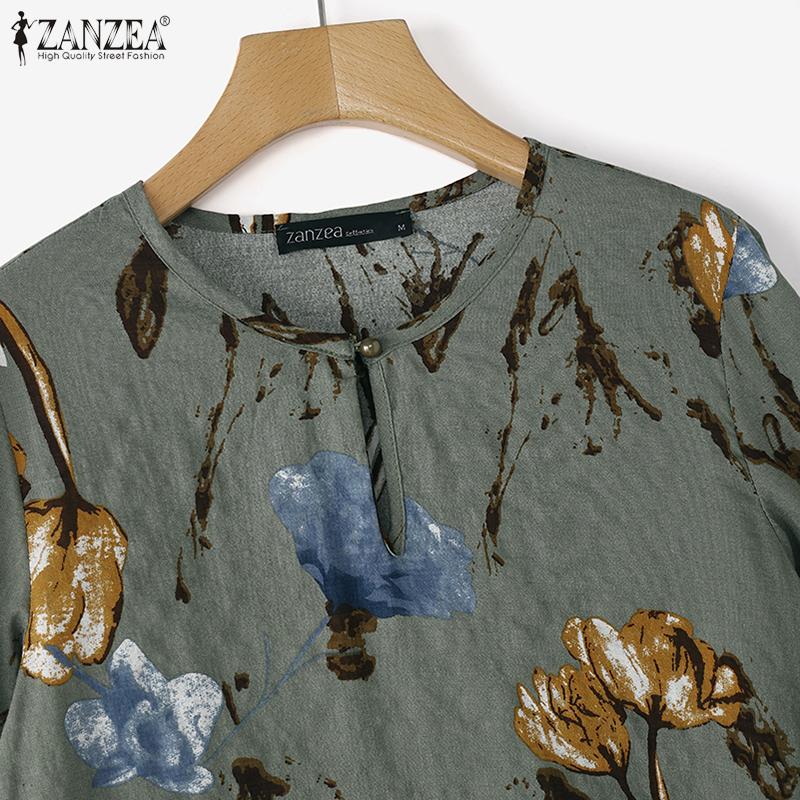 ZANZEA Women Casual Round Neck 3/4 Sleeve Loose Print Blouse