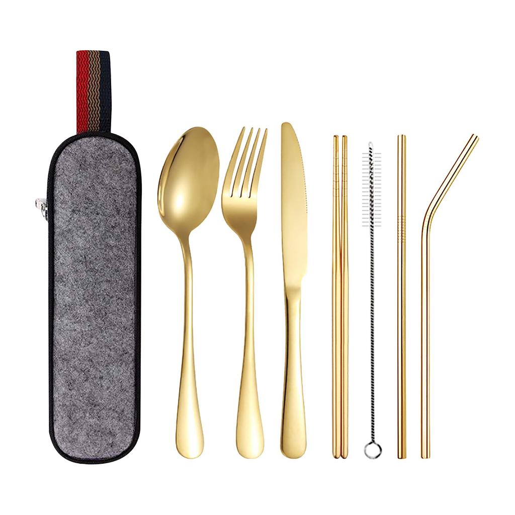 Stainless Steel Tableware Set Straw Knife Fork Spoon Chopsticks Seven-piece Set Outdoor Camping Travel Portable Tableware