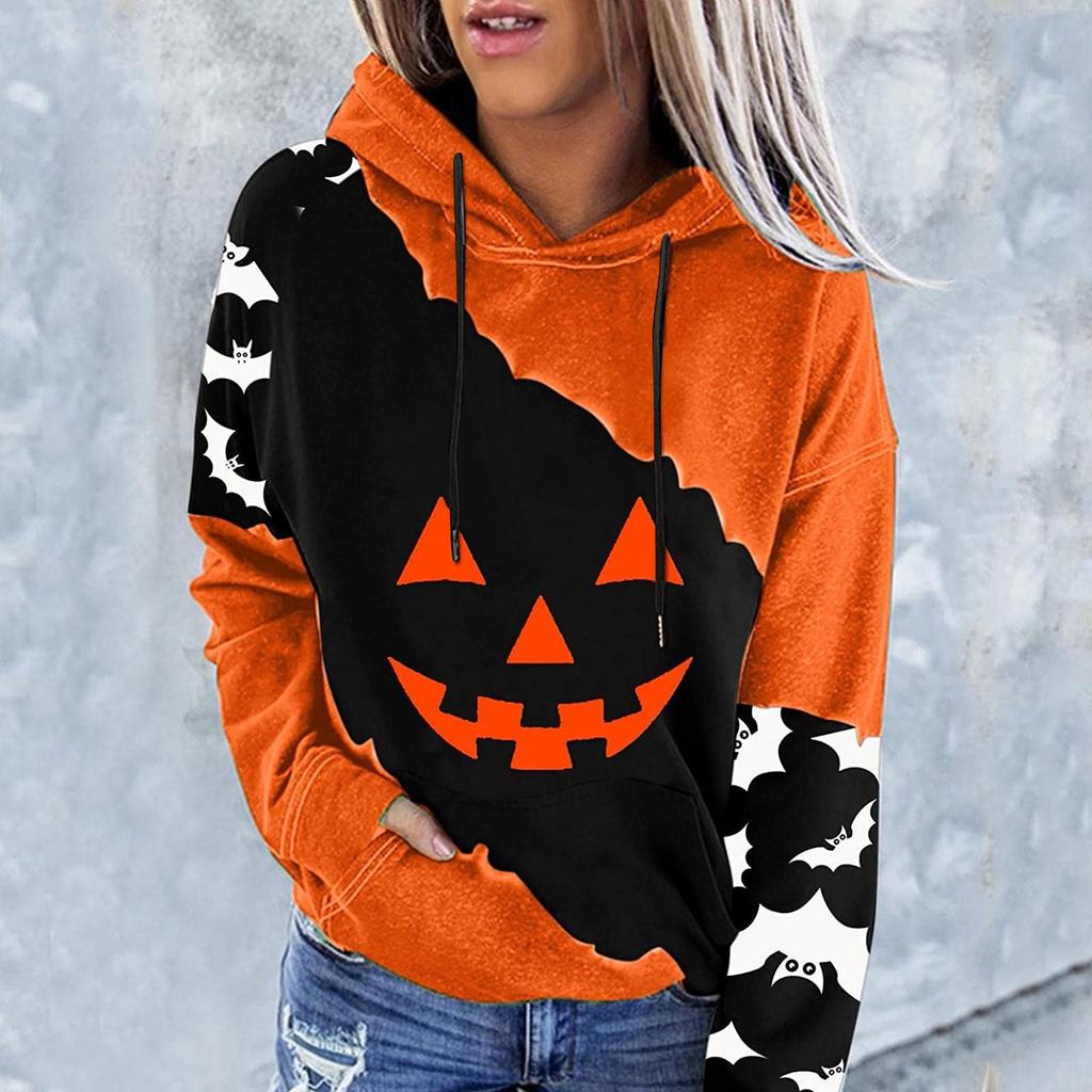 Women's Casual Fashion 2022 Halloween Print Long Sleeve Pullover Hooded Top