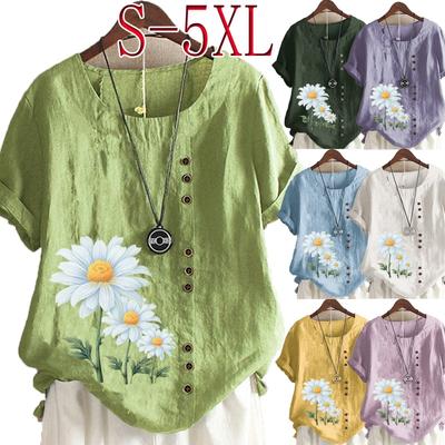 Женская летняя футболка с круглым вырезом и коротким рукавом, повседневная хлопковая льняная рубашка с рисунком, модная свободная блузка с ромашками, топы больших размеров