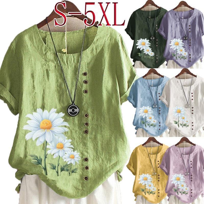 Women's Summer Round Neck Short Sleeve T-shirt Casual Cotton Linen Graphic Shirt Leisure Fashion Loose Daisy Prined Blouse Tops Plus Size