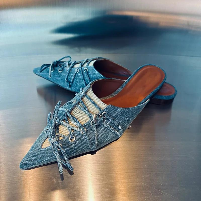 Роскошные дизайнерские женские тапочки из денима синего цвета, сексуальные сандалии с острым носком и перекрестными шнурками, элегантные удобные туфли-мюли на плоской подошве для женщин