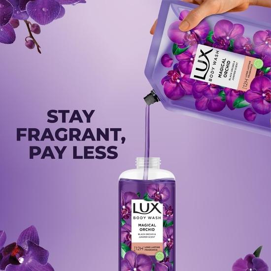 LUX, Гель для душа с маслом черной орхидеи и можжевельника, Сменный блок, 400 мл, для мягкой и сияющей кожи, Стойкий аромат, Без парабенов, для женщин