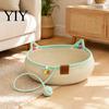 Indoor Cat House for Kittens Handwoven Cotton Rope Bed, Scratchable Sleeping Basket, Cute Ear Pet Basket Breathable Round Cats And Puppies Natural