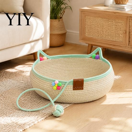 Indoor Cat House for Kittens Handwoven Cotton Rope Bed, Scratchable Sleeping Basket, Cute Ear Pet Basket Breathable Round Cats And Puppies Natural