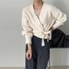 Cardigan Sweater Female Autumn Bow Tie V-Neck Knit Women Short High Waist Cardigan Sweater Coat Overlay Design Sense Sweater