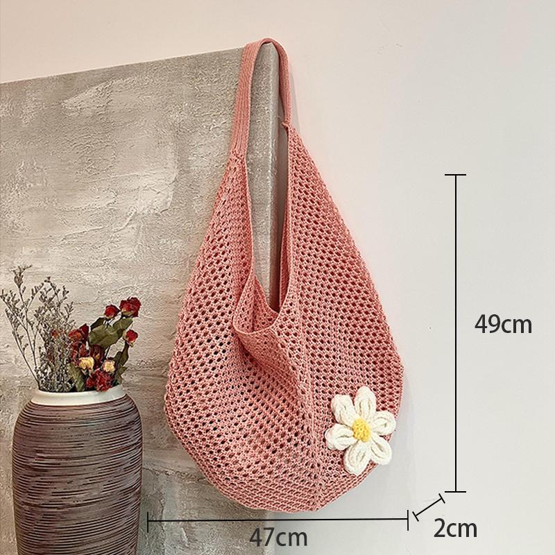 Women'S Braided Bag Korean Style Shoulder Tote Bag Lazy Style Knitted Hollow Flower Beach Bag