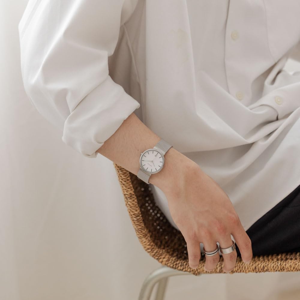 Bering Classic Scandinavian Carved Mesh Watch, Silver, 11035-004