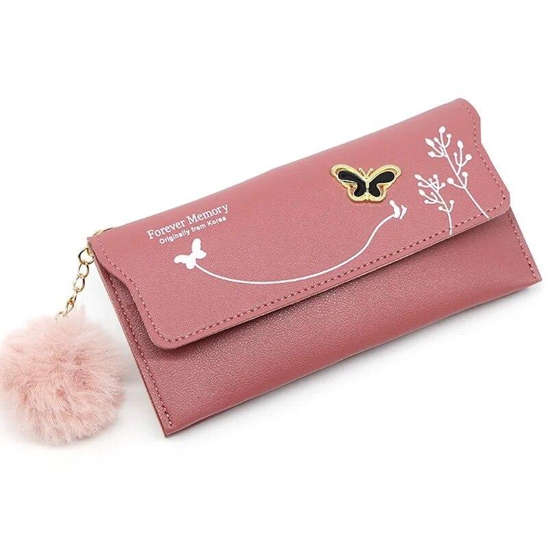 Butterfly Designer Women Long Wallets PU Leather Money Bag Solid Wool Ball Bow Clutch Bag Large Capacity Card Bag Coin Purse