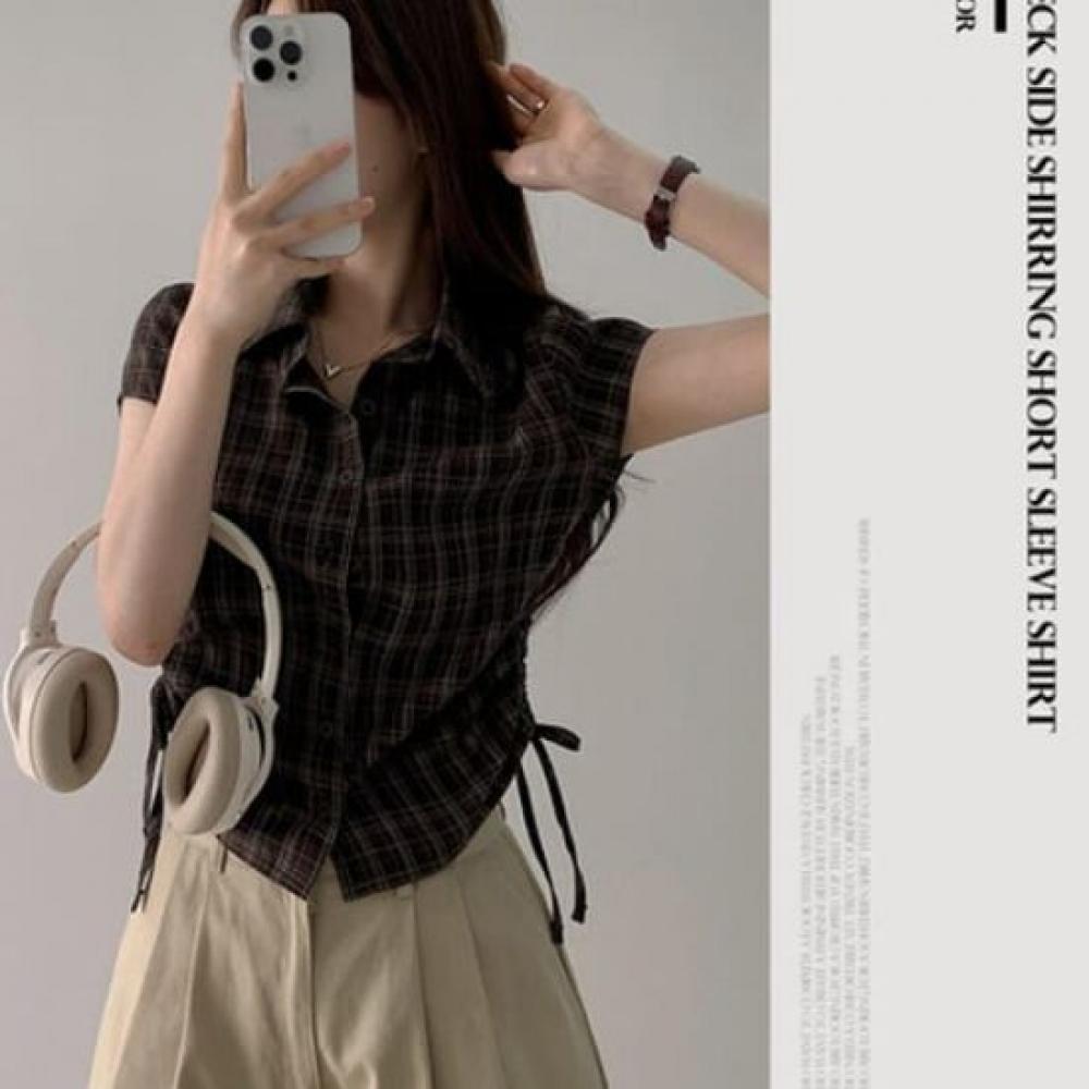 The Pink Short Sleeve Check Side Shirring Shirt Daff