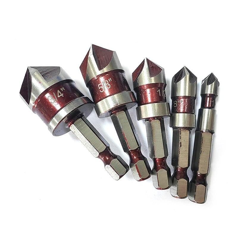 Быстрорежущая сталь 5PC шестигранный хвостовик британский пятигранный красный фаскосниматель 1/4-3/4 зенковочное сверло инструмент для снятия заусенцев и раскрытия отверстий