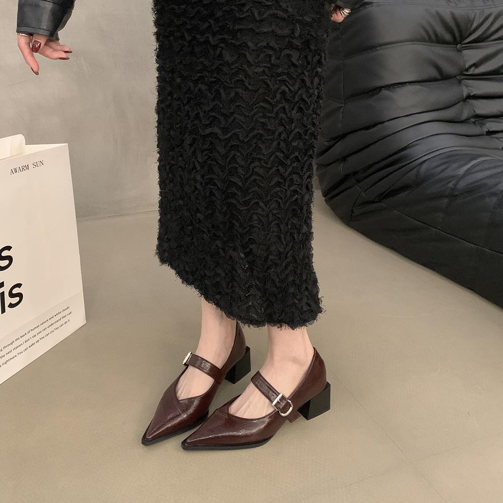 Французские туфли Мэри Джейн на среднем каблуке, черные, кожаные, женские туфли 2024 года, новые весенне-осенние белые туфли с острым носком