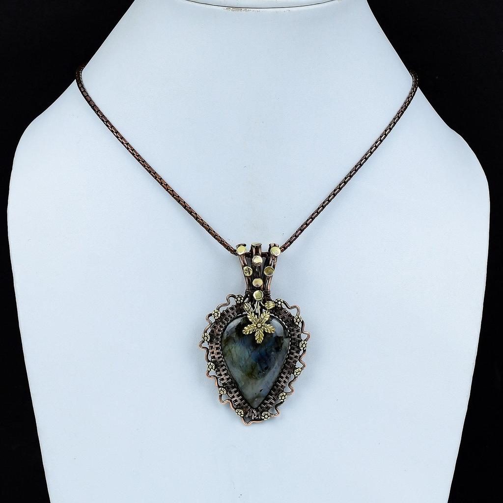 Labradorite Gemstone Copper Wire Wrap Handmade Beautiful Pendant Jewelry Gift For Love