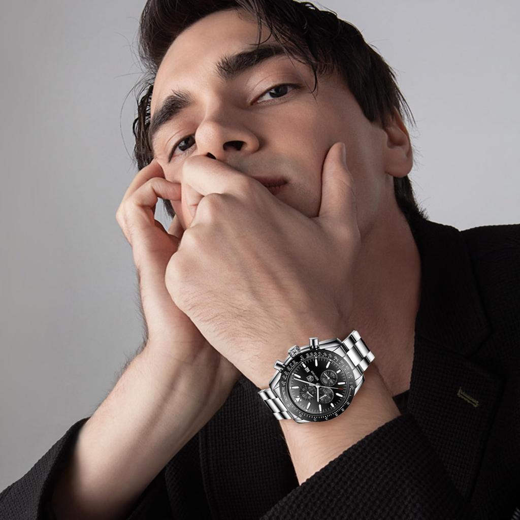 BENYAR AKNIGHT Watch Stylish Watch Watch Luminous Chronograph Fixed Bezel Analog Calendar Arm Watch Waterproof Japanese Quartz Watch Steel Band