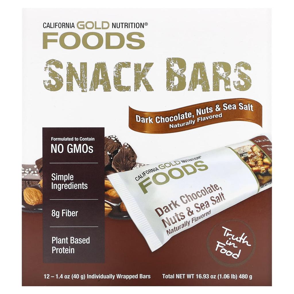 California Gold Nutrition Food, Dark Chocolate, Nuts & Sea Salt Snack Bars, 12 Bars, 1.4 Oz (40 G) Each