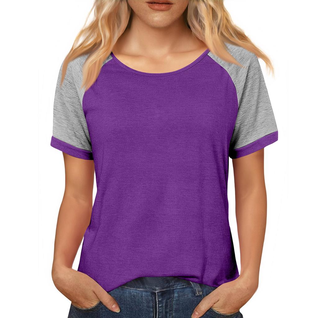 Women's Casual Loose Contrast Color Stitching Round Neck Short Sleeve Top