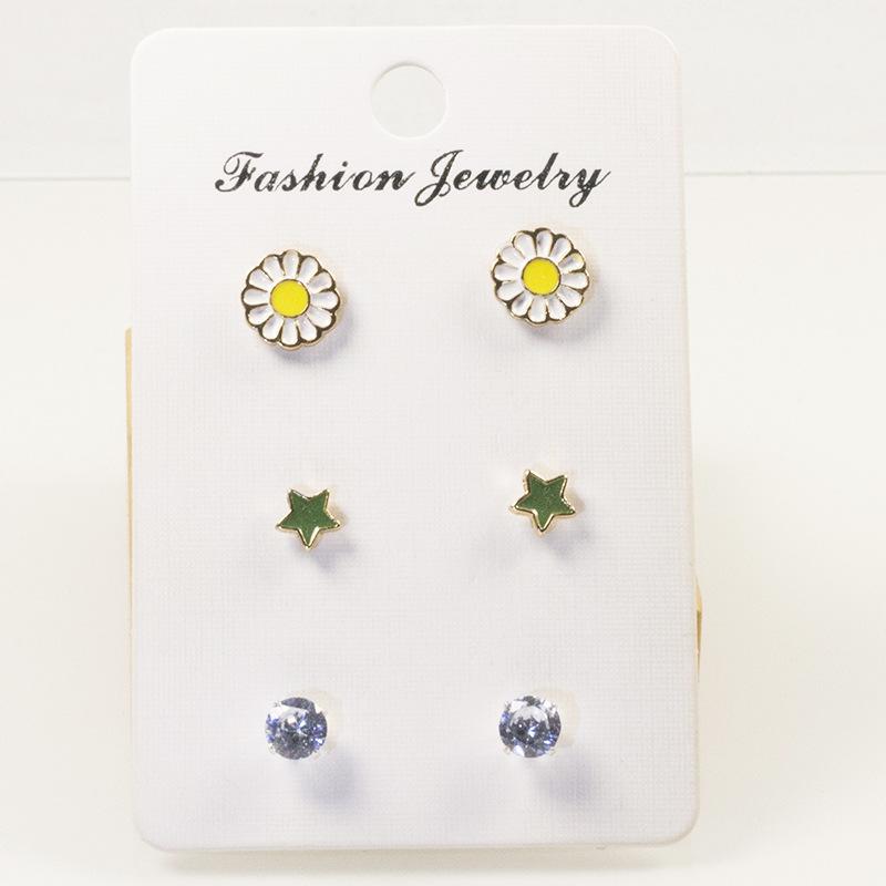 S925 silver needle small daisy zircon stud earrings set female Japan and Korea fresh Internet celebrity sun flower stud earrings three-piece set girl