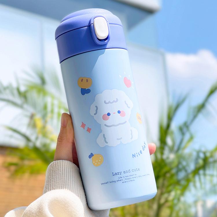 Термобутылка Kawaii Bear, 380 мл для детей, школьных женщин, изолированная чашка из нержавеющей стали с соломой, милые термобутылки для воды