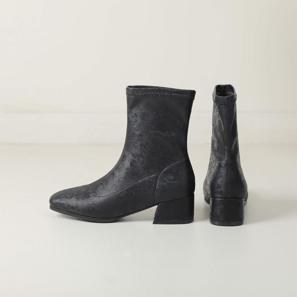 lenkisen PU Autumn Winter Shoes Thick Med Heels Printing Oriental Design Chelsea Boots Keep Warm Fashion Ankle Boots