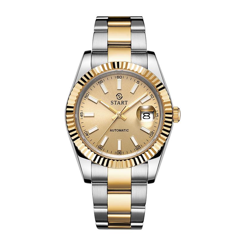 Start Мужские механические часы с функцией календаря, водонепроницаемые часы, светящаяся шкала, циферблат, золотые часы