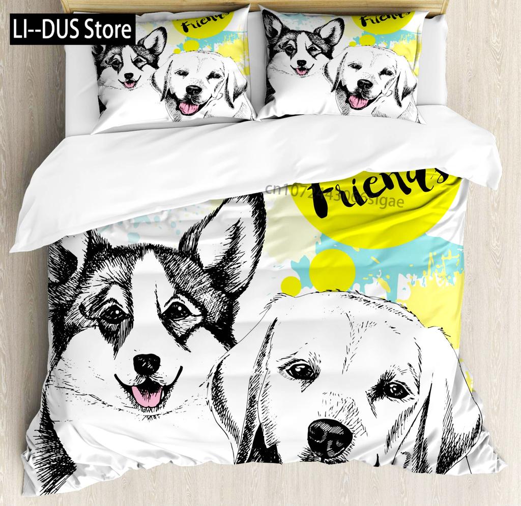 Labrador Duvet Cover Set Hand Drawn Sketch Welsh Corgi Decorative 3 Piece Bedding Set With 2 Pillow Shams Queen King Full Size