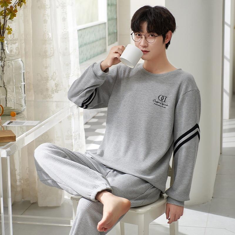 Пижамы мужские с длинным рукавом из хлопка весна и осень простой молодежный домашний костюм для отдыха можно носить