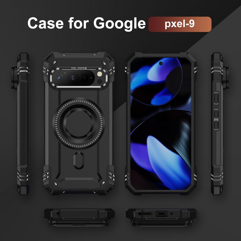 For Google Pixel 9/9 Pro Case Compatible with MagSafe Metal Lens Frame Kickstand PC+TPU Mobile Cover