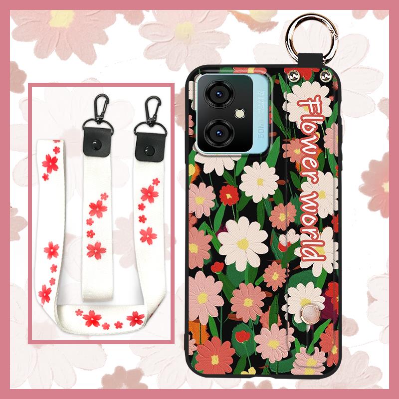 Silicone Flower Phone Case For Blackview Oscal C70 Kickstand Waterproof Dirt-resistant Shockproof Wrist Strap Durable