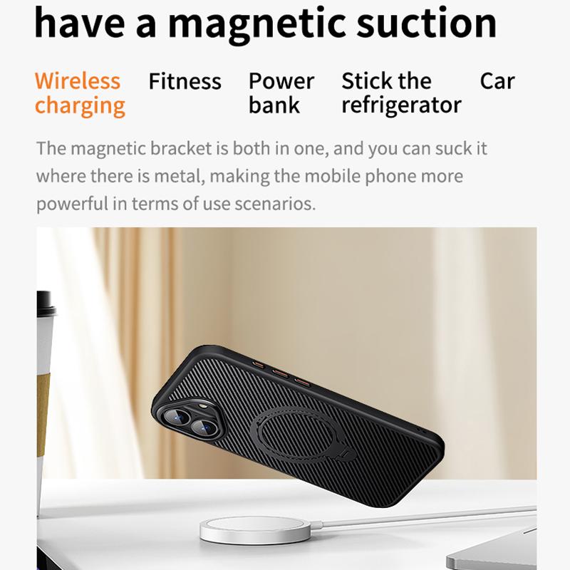 KEYSION Чехол из углеродного волокна с текстурой для MagSafe для iPhone 16 16 Plus с вращающимся на 360 ° магнитным кольцом-подставкой, противоударный чехол для телефона