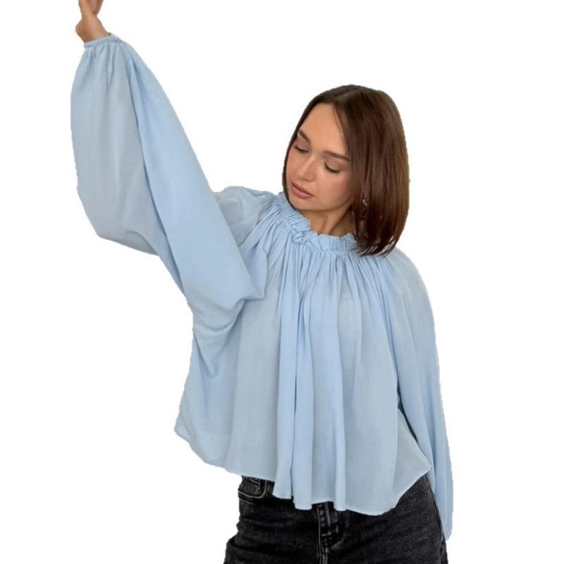 Women S Loose Fit Round Neck Lantern Sleeve Solid Color Shirt