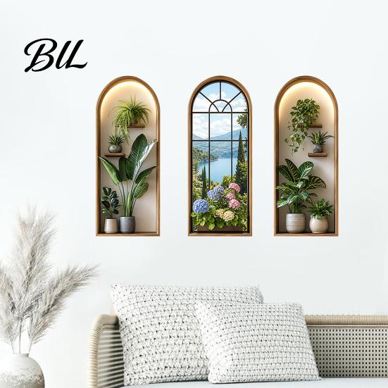 Peel And Stick Wall Art 3Pcs Arched Flower Stickers, Boho Style Floral Plant Decals, Self Adhesive PVC Wallpaper for Cabinet Door Decor Living