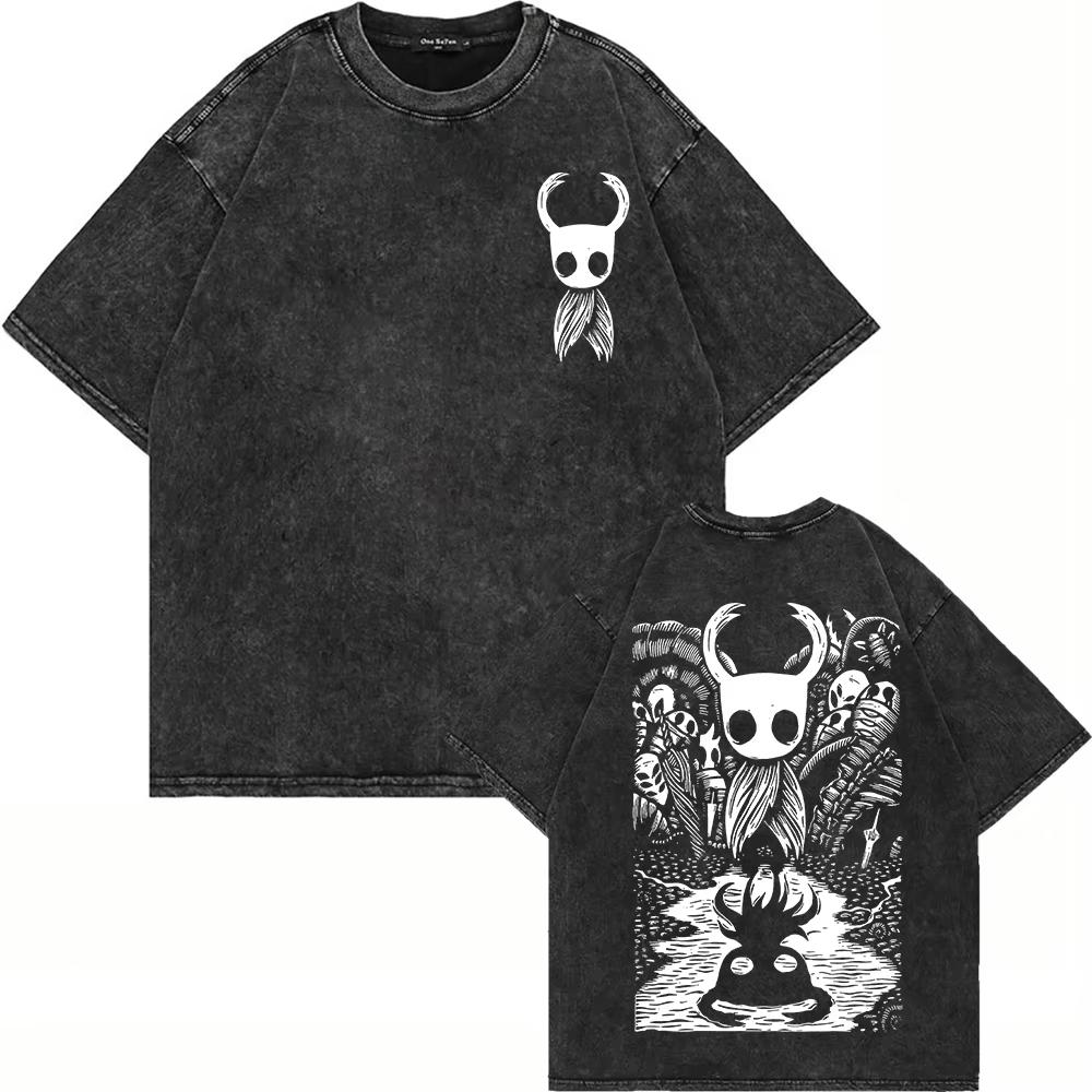 Cotton Vintage Washed Hollow Knight Silksong Sherma T Shirt Fashion Men Women Anime Oversize Loose Acid Wash Tees Shirts