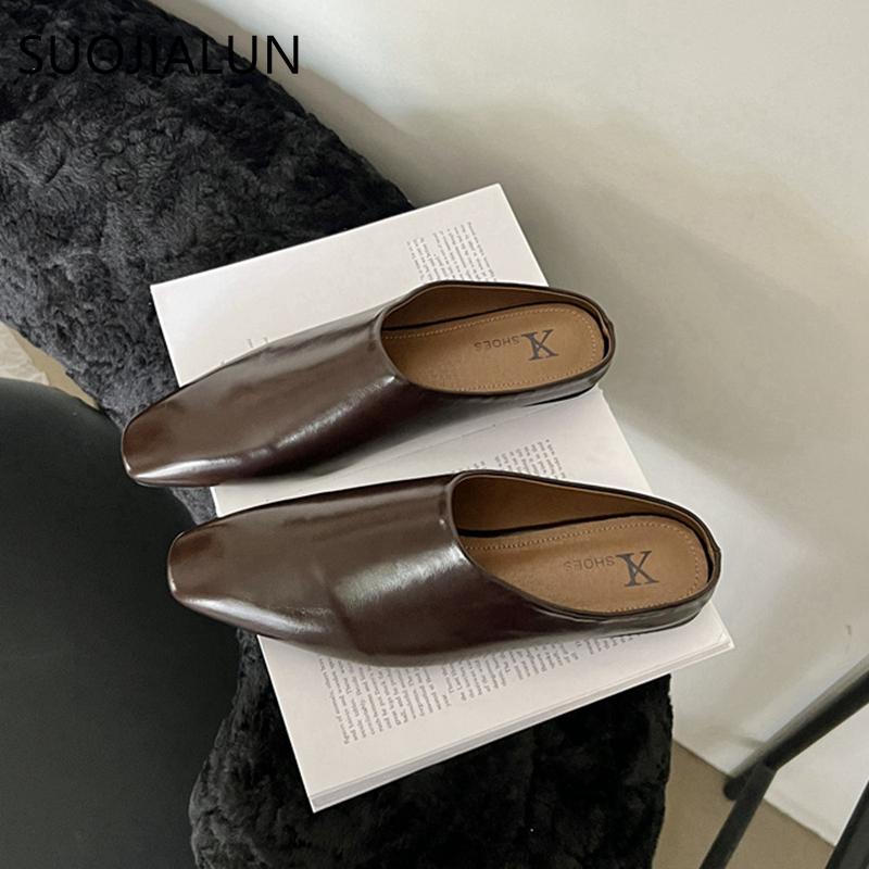Модные женские тапочки SUOJIALUN 2025 Осень, женские тапочки с круглым носком, слипоны, женские повседневные мюли, обувь на плоской подошве, уличные сандалии для платья