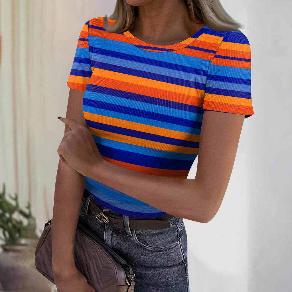 Women's Casual Fashion Round Neck Striped Print Short Sleeve Ribbed Top