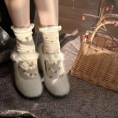 2025 осень и зима новая норка волосы бархат Мэри Джейн туфли на высоком каблуке круглый носок толстый каблук универсальные туфли из овечьей шерсти женские