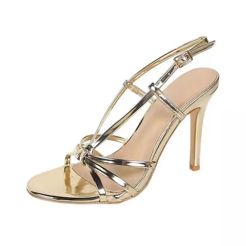 2024 Temperament Women Stiletto Sandals Gold Narrow Band Ankle Strap Rome Sandalias Sexy Opee Toe Thin High Heels Party Shoes Gold