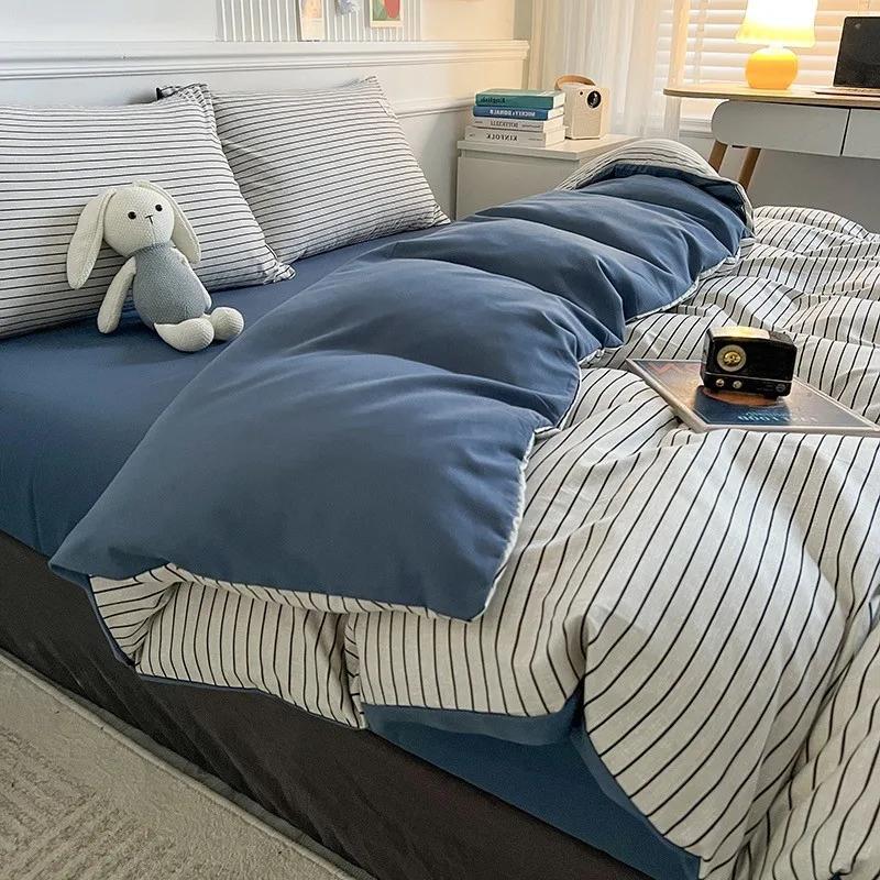 Набор из четырех предметов в клетку в японском стиле для осени и зимы, набор из трех предметов для студенческого общежития, комплект одеял из стиранного хлопка, постельные принадлежности