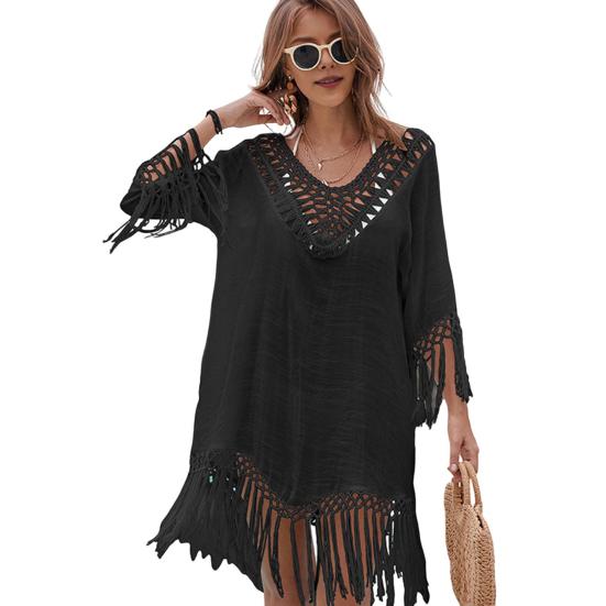 Пляжное платье-накидка с V-образным вырезом, тканое, с ажурным вырезом, манжетами и бахромой, подол, прикрытие бикини, защита от ультрафиолета, пляжное платье