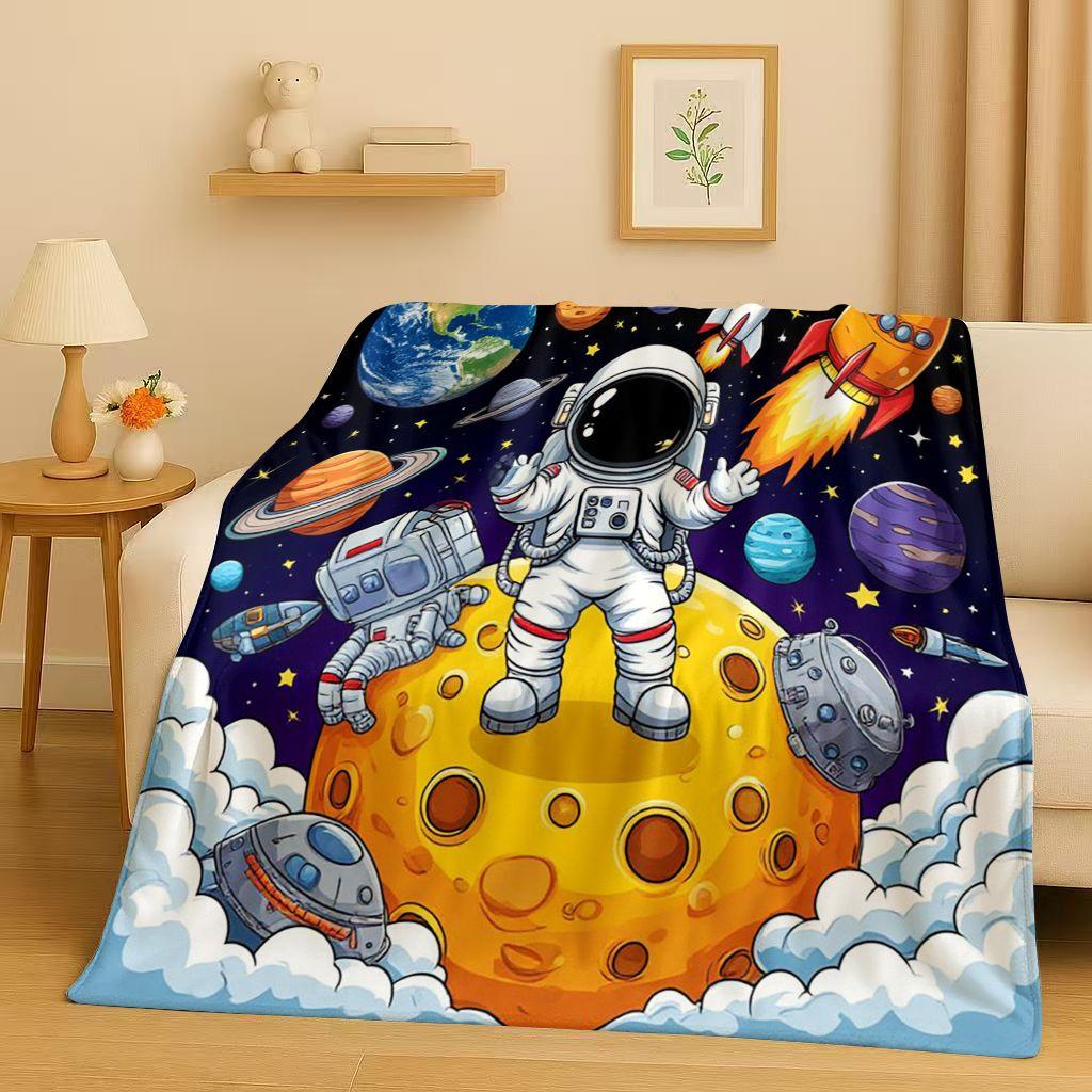 New Cartoon Astronaut Spaceman Planet Flannel Blanket,Ultra Soft Plush Throw for Home Bedroom Bed Sofa Cover Kid Christmas Gift