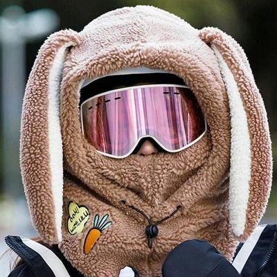 1 шт. Теплая зимняя лыжная шапка-бини для женщин, Удобная мягкая флисовая шапка-шарф для катания на лыжах, Шапка с ушками кролика, милая, мультяшная