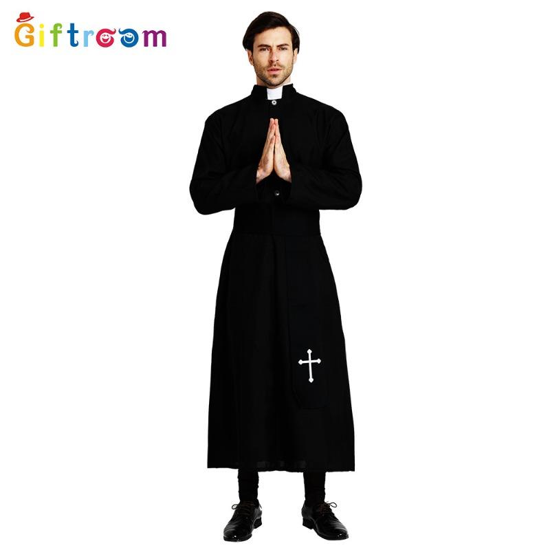 Halloween Costumes Drama Stage Costumes Men Noble Black Robe Priests Western Party Cosplay Costumes