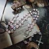 Pink Love Heart Rosary Beads Necklace Virgin Mary Christ Jesus Cross Pendant Necklace For Women Men Catholic Jewelry Gift