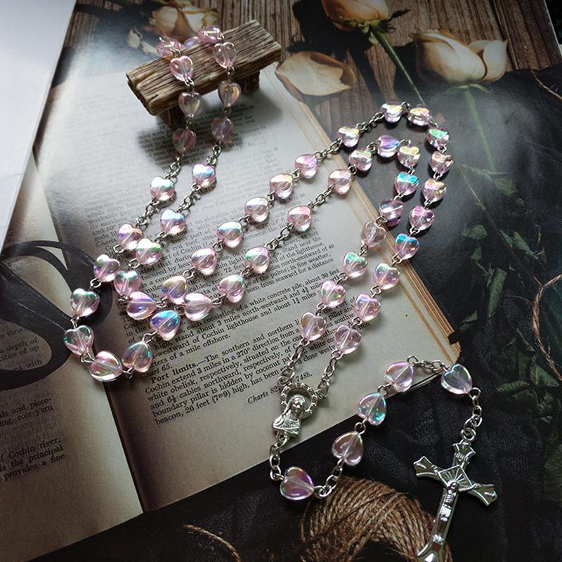 Розовое ожерелье с четками в форме сердца и любви, подвеска в виде креста Девы Марии Христа Иисуса для женщин и мужчин, католические украшения в подарок