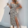 Женское летнее платье с разрезом, зебровым узором, пышными рукавами и открытыми плечами
