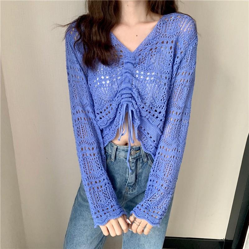 Chic Hollow Drawstring Knitted Sweater Women's Spring and Summer Small Sweet and Spicy Design Sense V-neck Lace-up Short Top