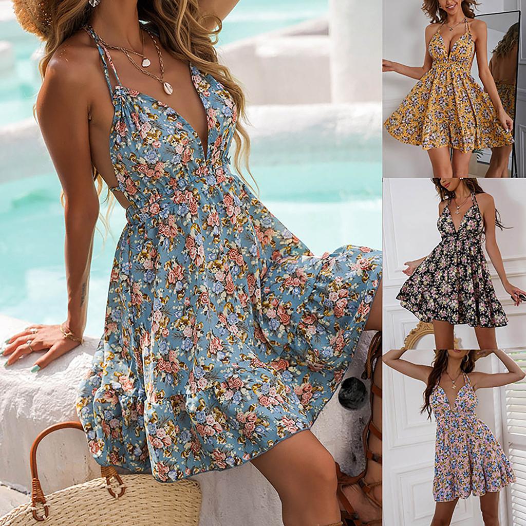 Женское летнее сексуальное платье с открытой спиной и подтяжками с принтом