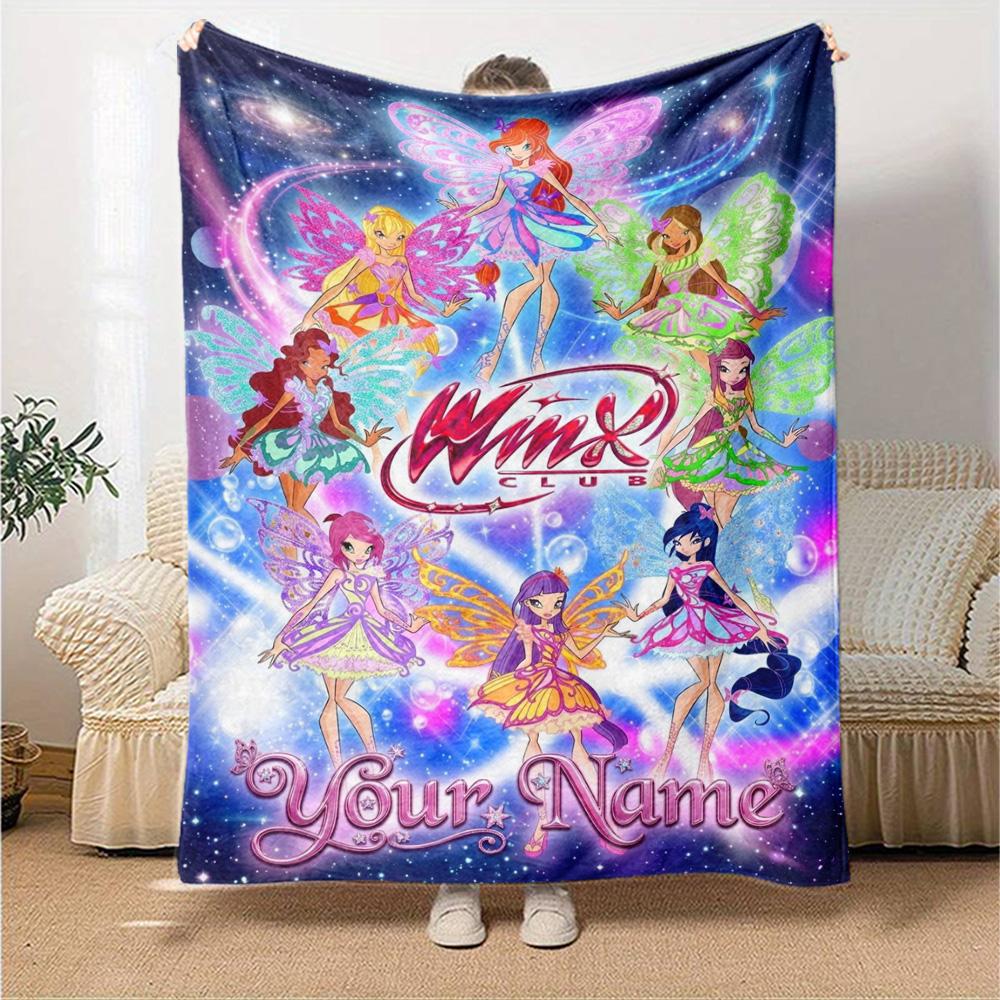 Name Custom Winx Club Cartoon Print Flannel Blanket High Quality Warm Comfortable Cover for All Seasons Perfect for Gifts Home Decor