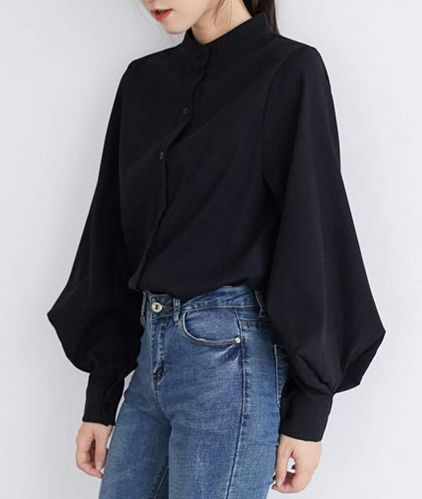 Sueeya Retro Puff Sleeve Long Loose Solid for Everyday and Formal Suitable for Women in Their and Spring and Autumn Size Women's Shirt, Sleeve,