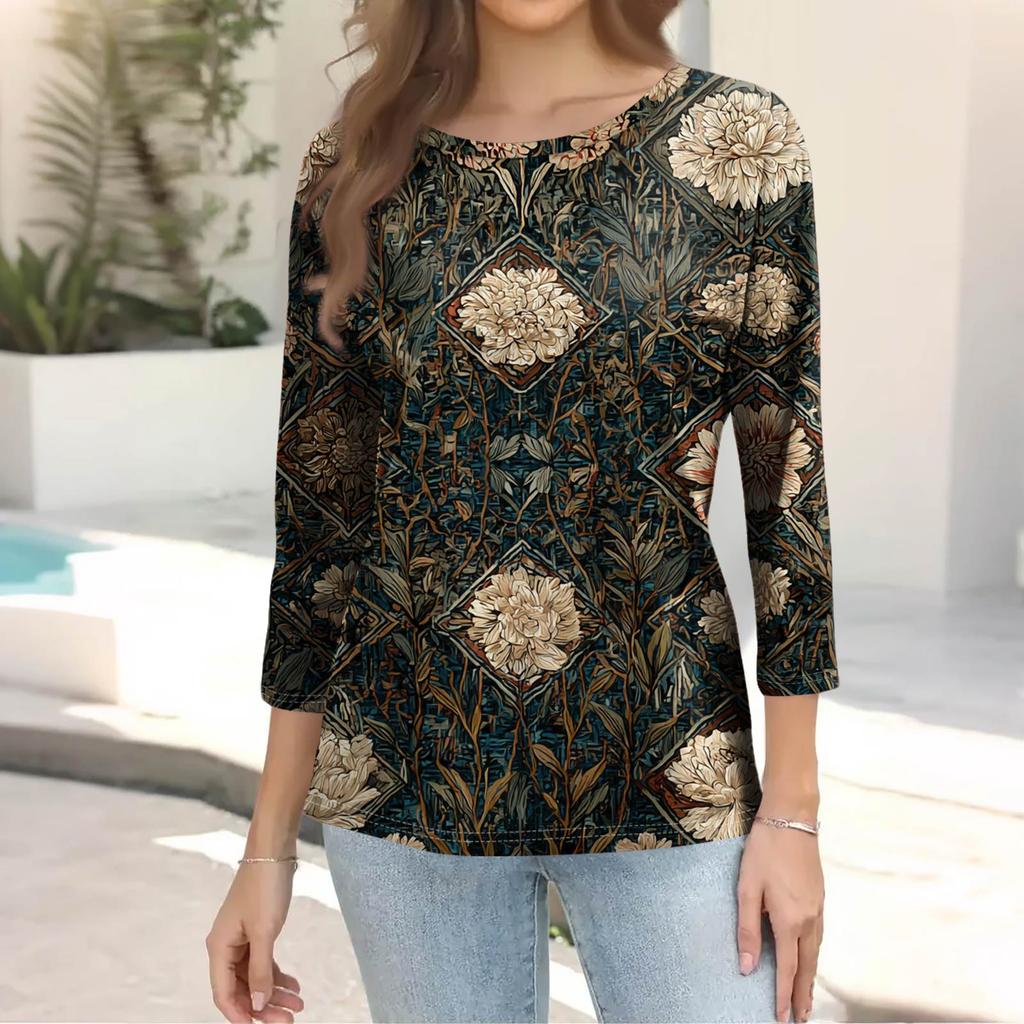 Модный винтажный топ с рукавом три четверти для женщин, женская повседневная блузка-футболка с круглым вырезом и принтом